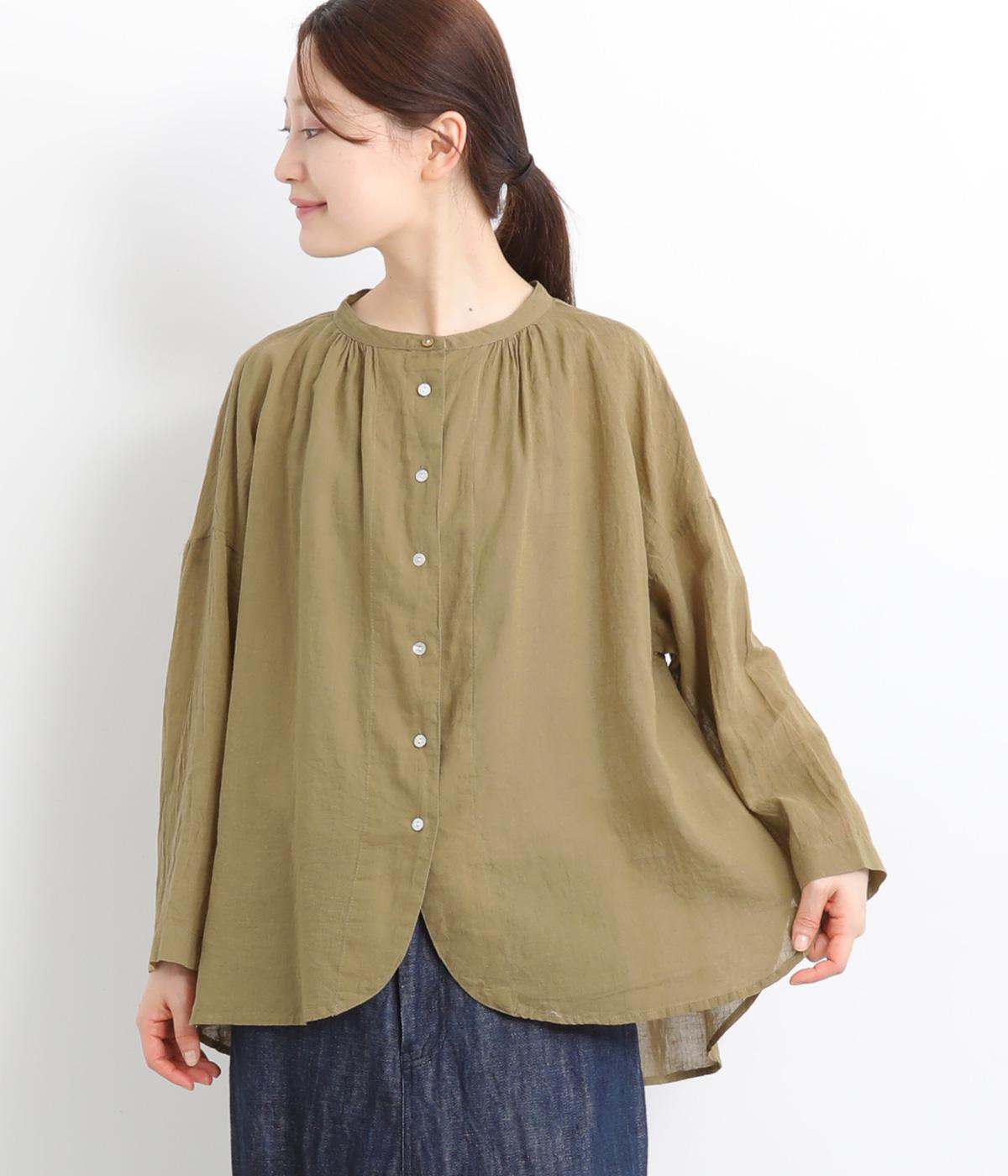 リネンコットンクロスバックギャザーシャツ(カーキ-ONESIZE)