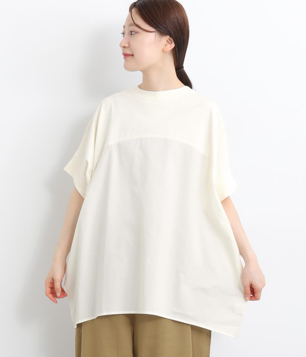 天竺布帛×カットソー切替コクーンチュニック(ミルクホワイト-ONESIZE)