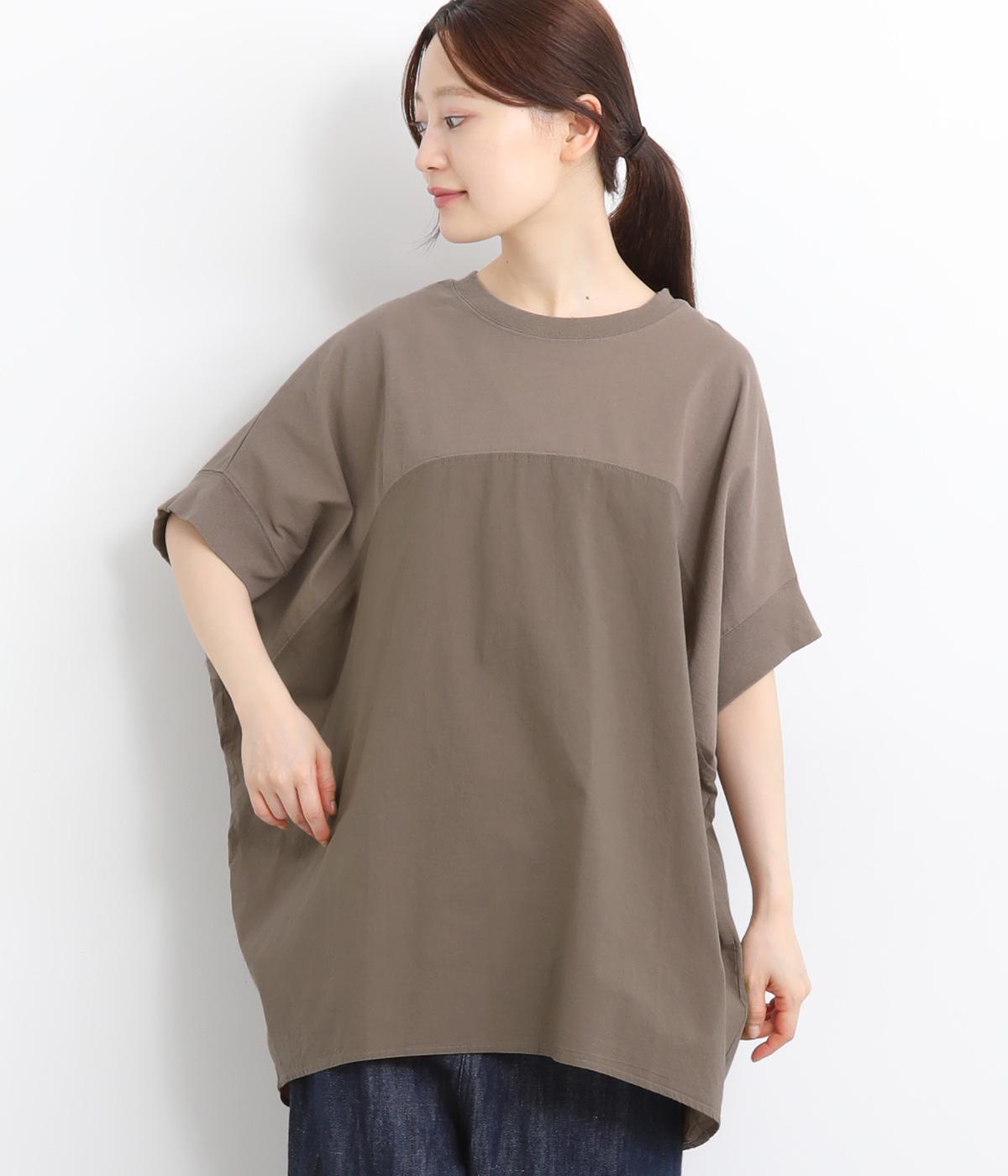 天竺布帛×カットソー切替コクーンチュニック(グレージュ-ONESIZE)
