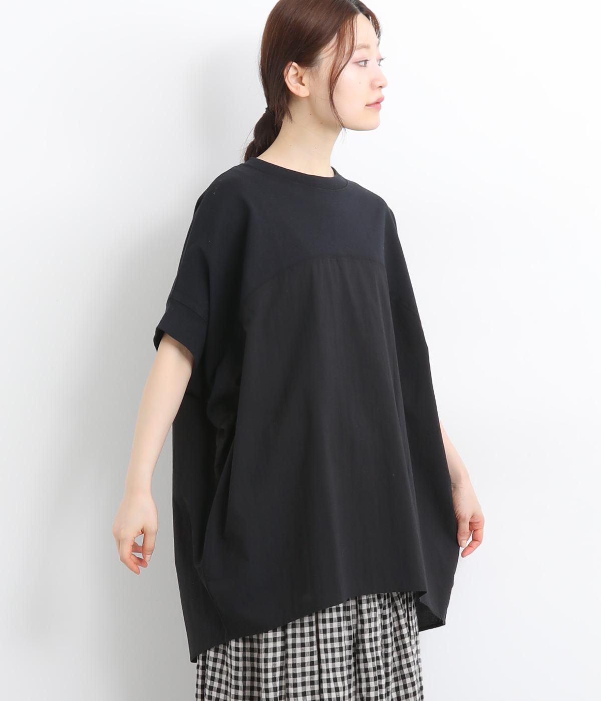 天竺布帛×カットソー切替コクーンチュニック(ネイビーブラック-ONESIZE)
