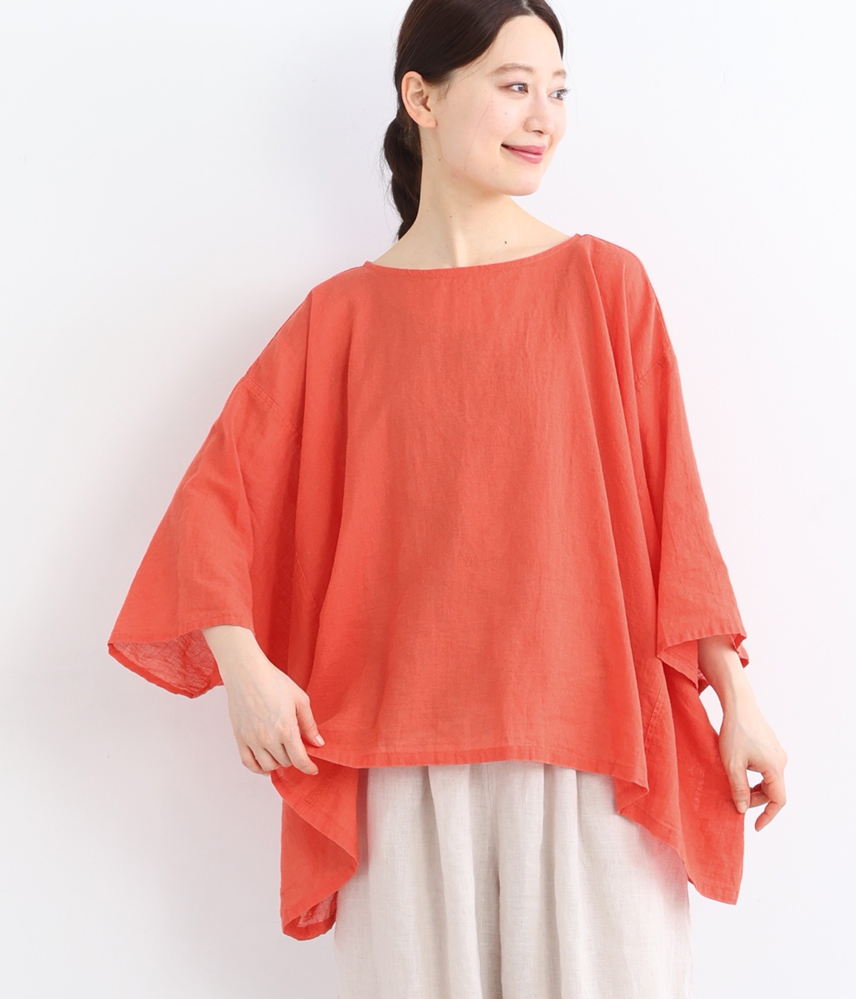 リネンコットンクロス2wayブラウス(レッド-ONESIZE)