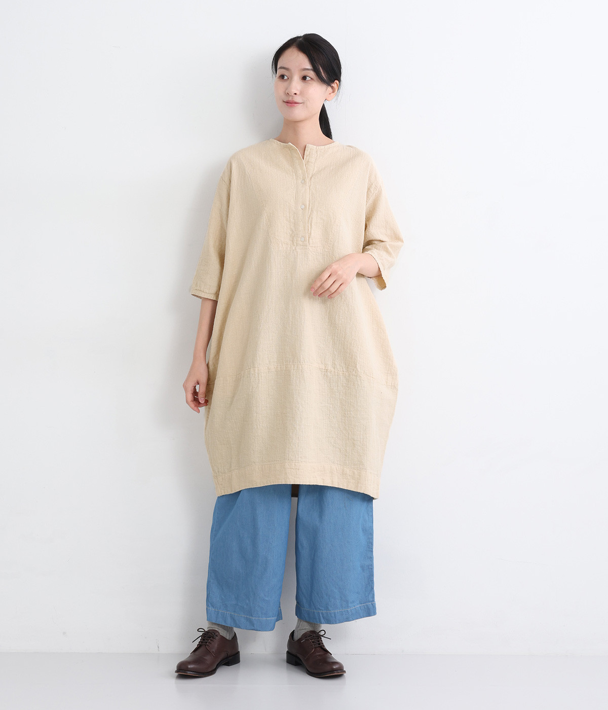 Wガーゼスキッパーコクーンワンピース(ベージュ-ONESIZE)