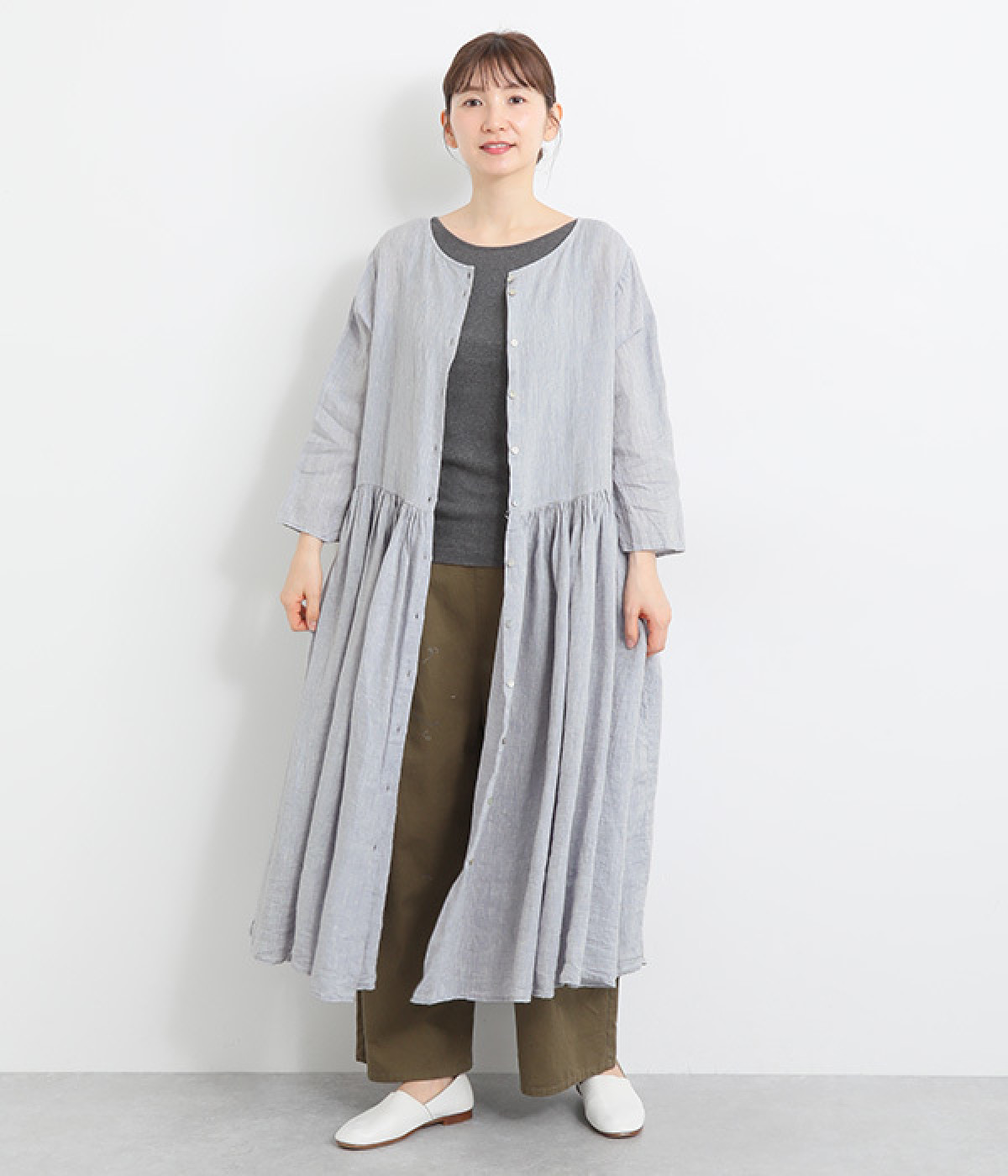 リネンボイル2wayギャザーワンピース(グレー-ONESIZE)