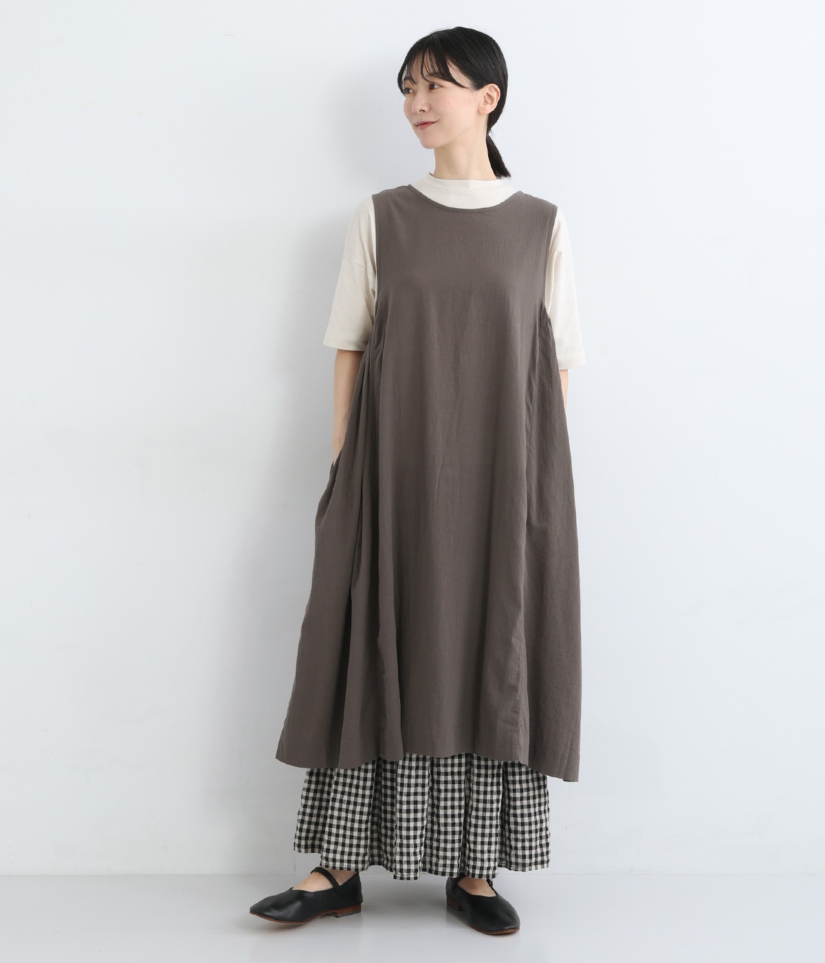 リンクルコットンボイル脇ギャザーワンピース(グレージュ-ONESIZE)