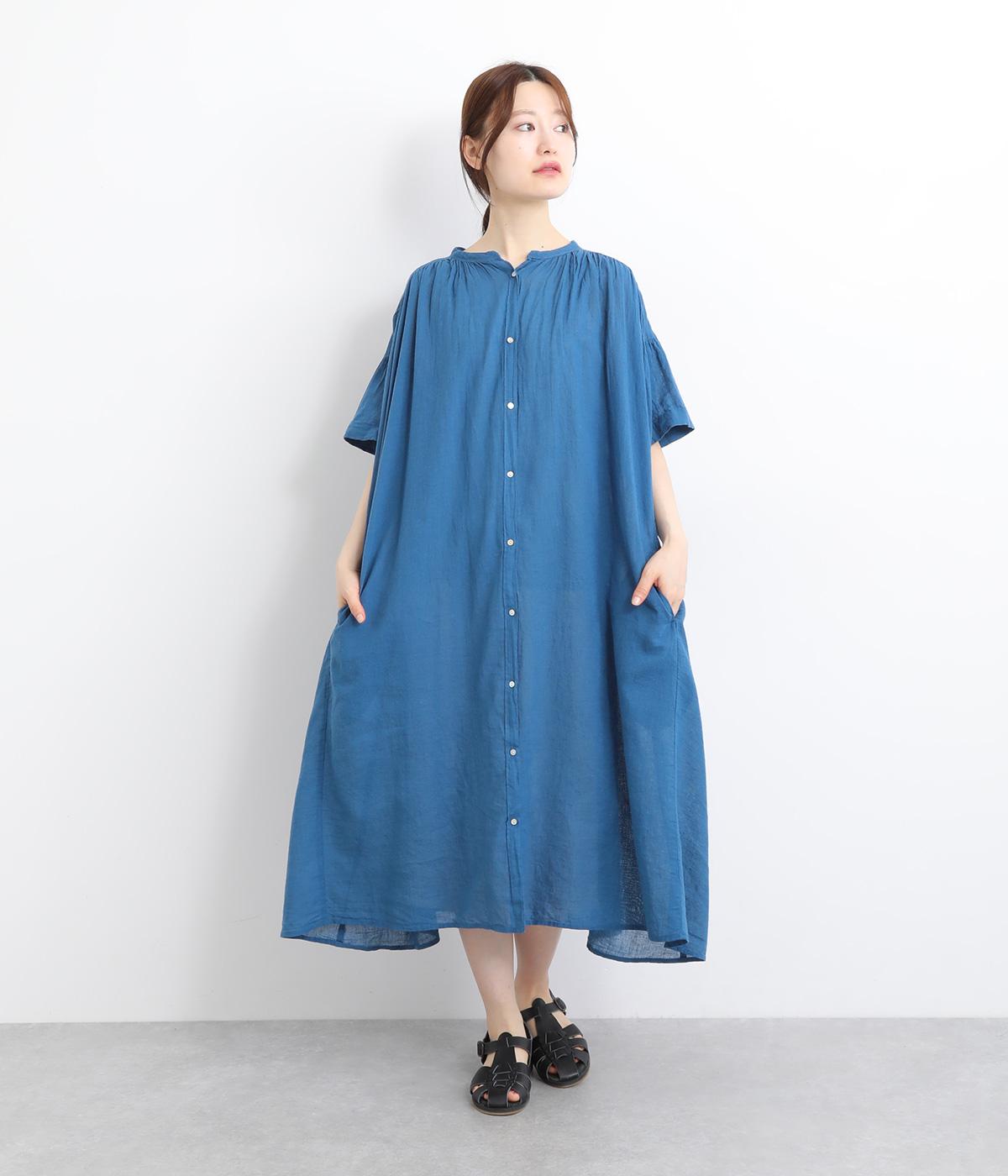 リネンコットンクロスヨーク切替ギャザーワンピース(ダークブルー-ONESIZE)