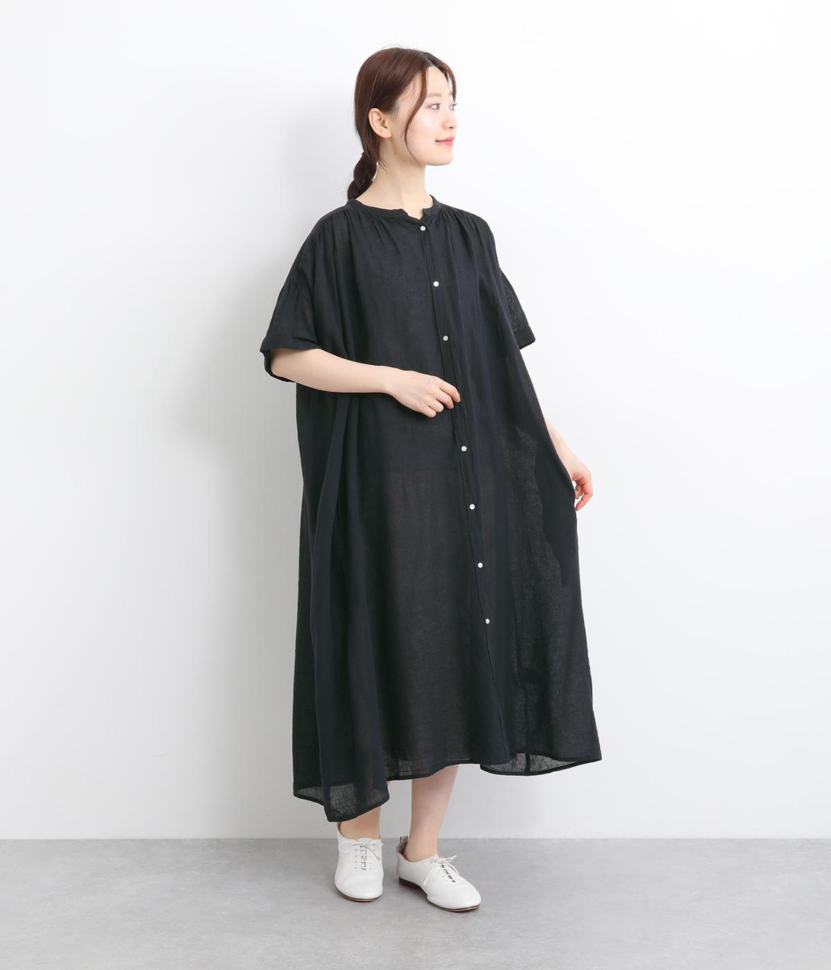 リネンコットンクロスヨーク切替ギャザーワンピース(ブラック-ONESIZE)