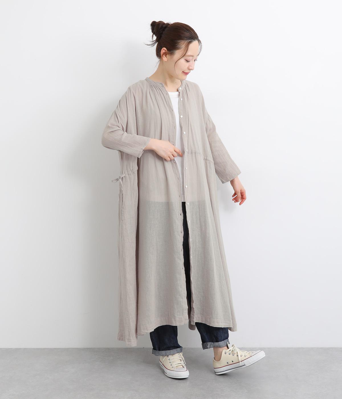 コットンリネンガーゼ前開きギャザーワンピース(ナチュラル-ONESIZE)