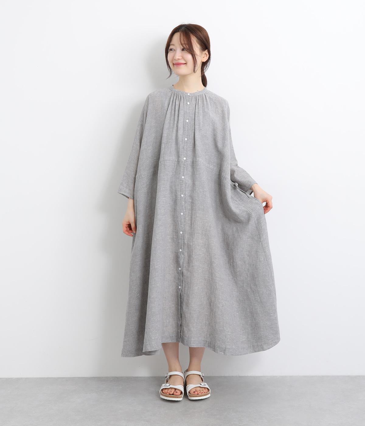 コットンリネンガーゼ前開きギャザーワンピース(グレー-ONESIZE)