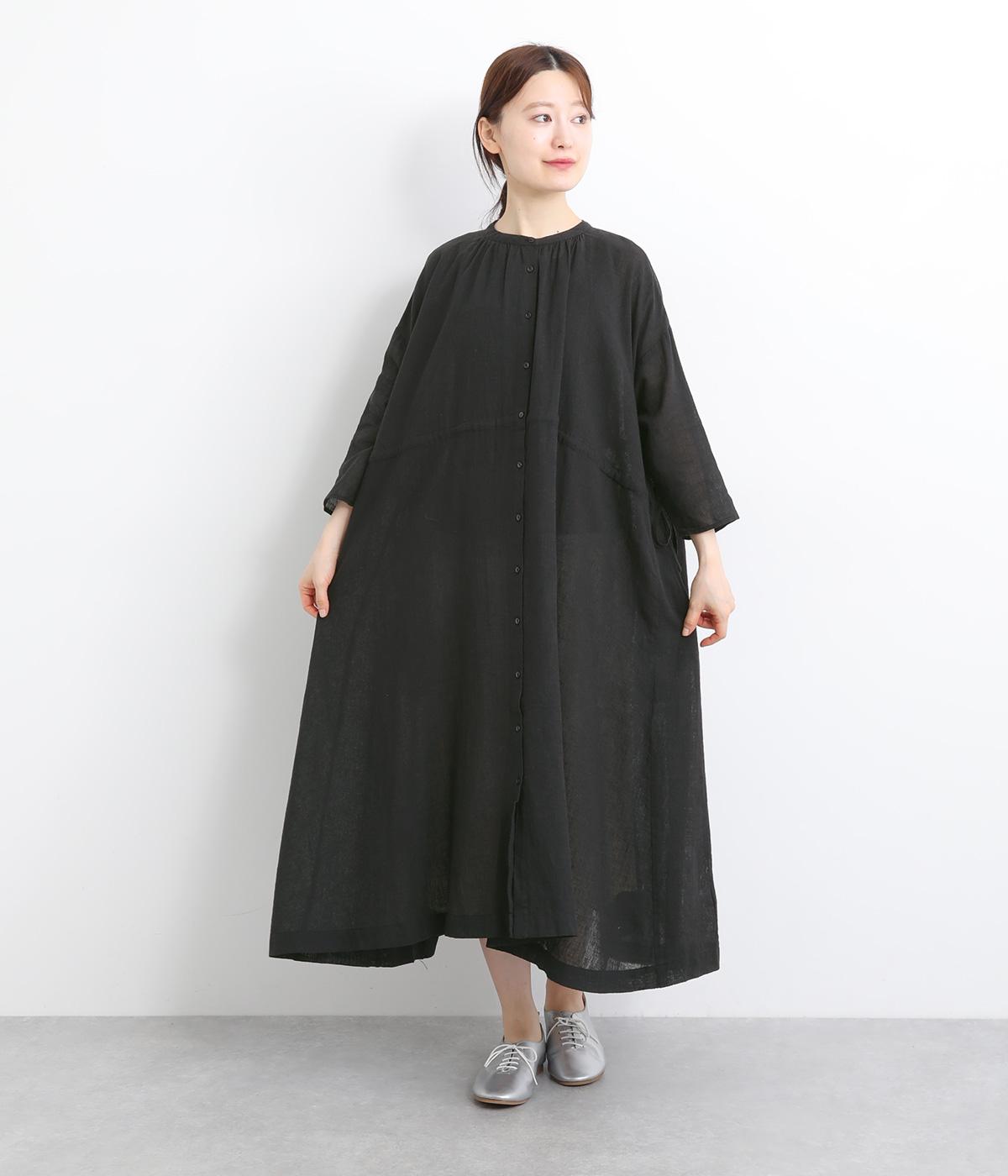コットンリネンガーゼ前開きギャザーワンピース(ブラック-ONESIZE)