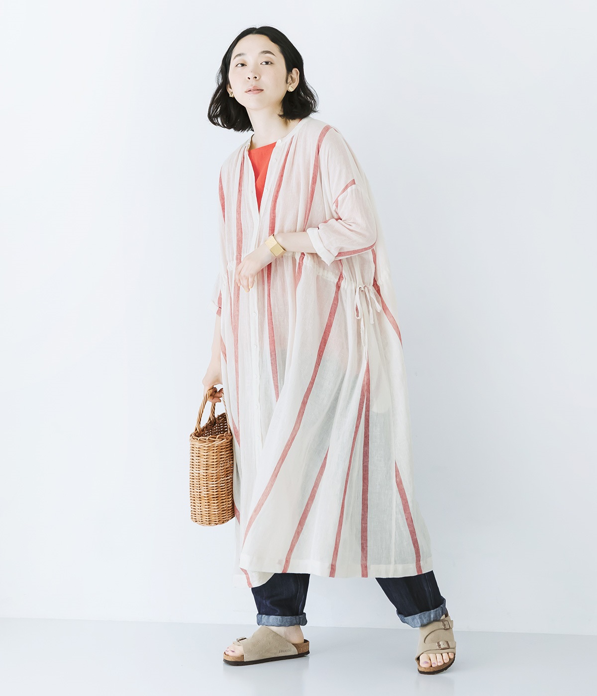 コットンリネンガーゼ前開きギャザーワンピース(レッドストライプ-ONESIZE)