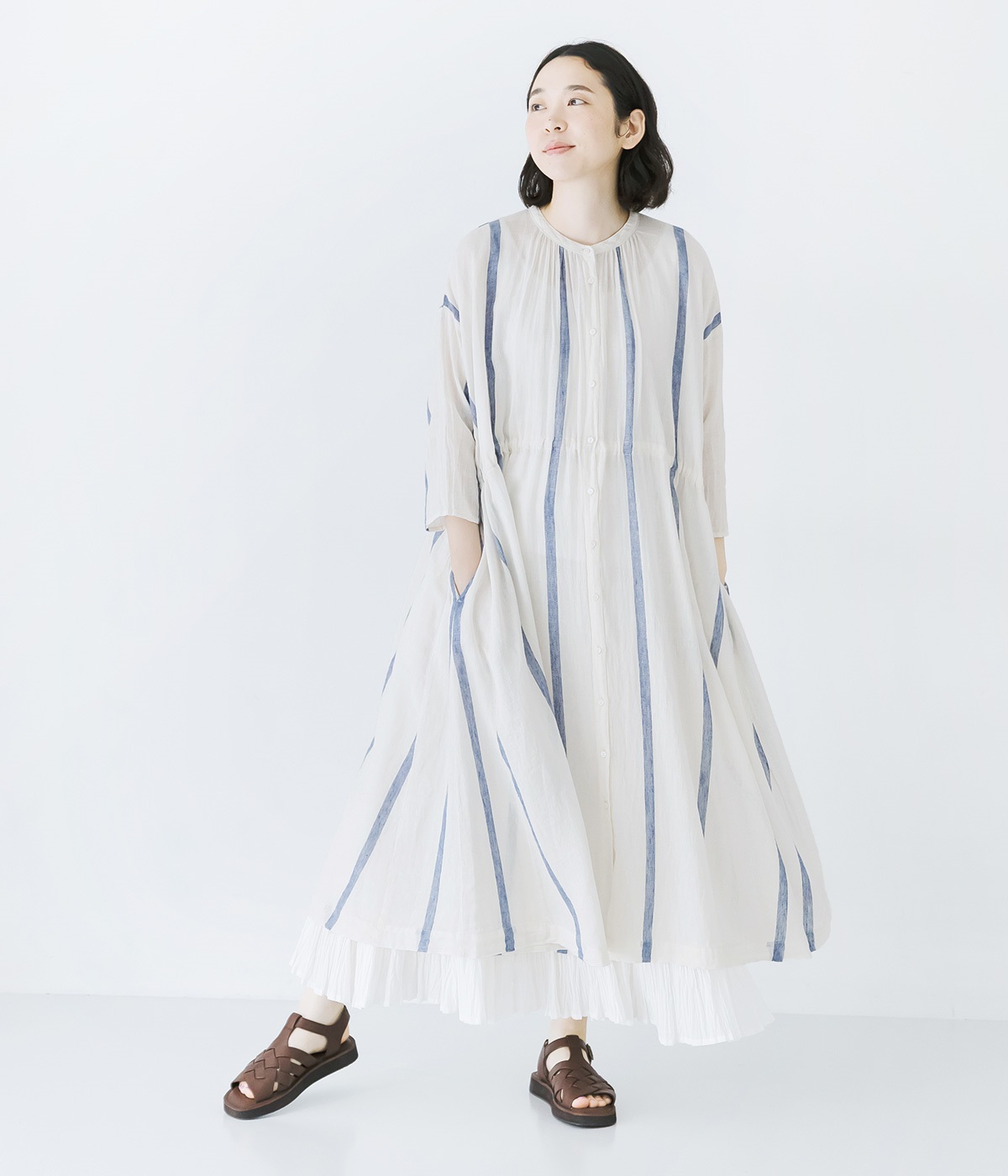 コットンリネンガーゼ前開きギャザーワンピース(ブルーストライプ-ONESIZE)
