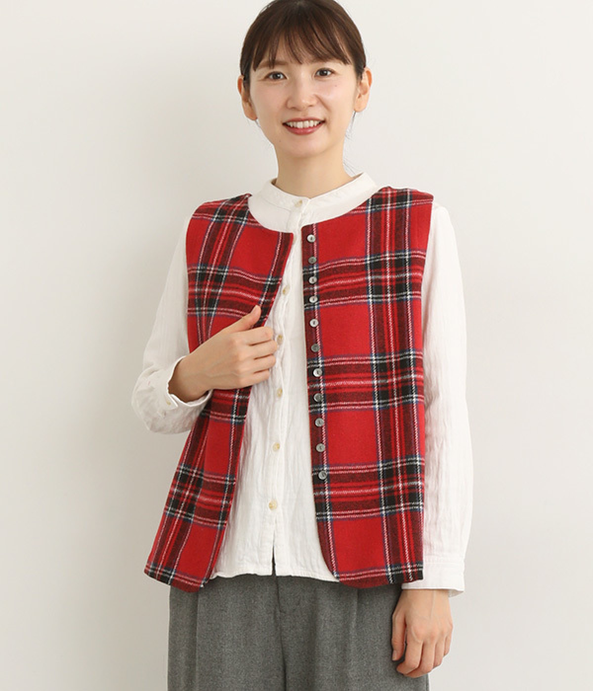 ウール混タータンチェック2WAYボタンベスト(レッド-ONESIZE)