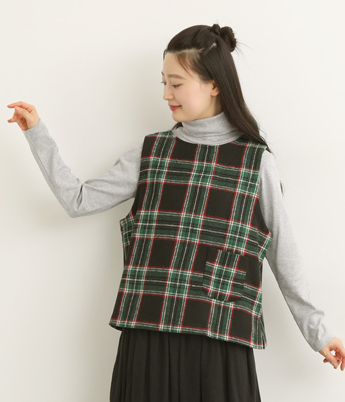 ウール混タータンチェック2WAYボタンベスト(グリーン-ONESIZE)