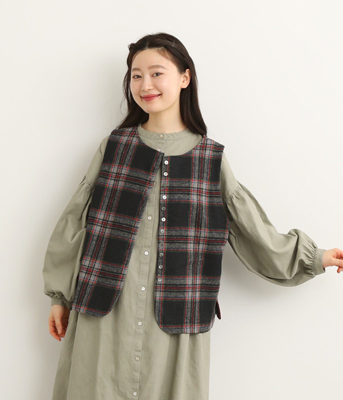 ウール混タータンチェック2WAYボタンベスト(ネイビー-ONESIZE)