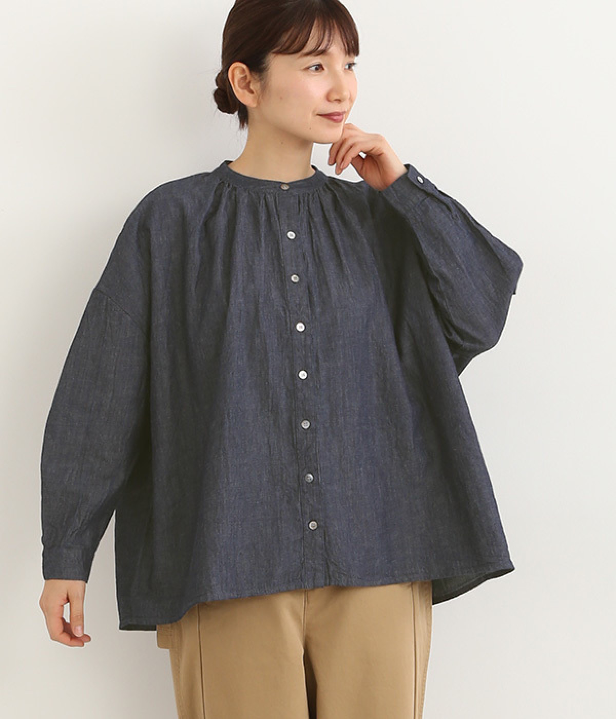 コットンリネンデニムワイド長袖ブラウス(ネイビー-ONESIZE)