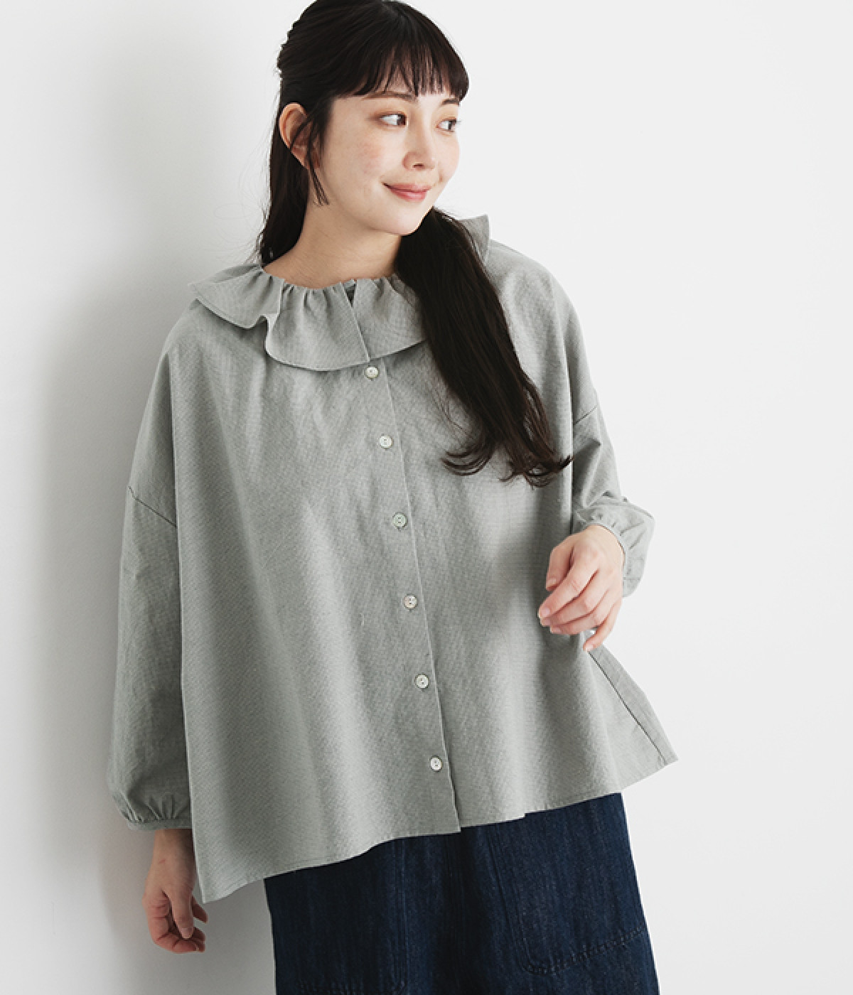 コットンリネン千鳥チェックフリル襟9分袖ブラウス(ベージュ×ブルー-ONESIZE)