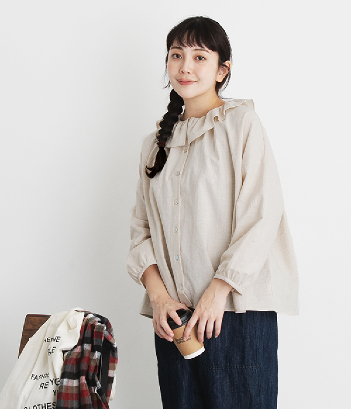 コットンリネンフリル襟9分袖ブラウス(キナリ-ONESIZE)