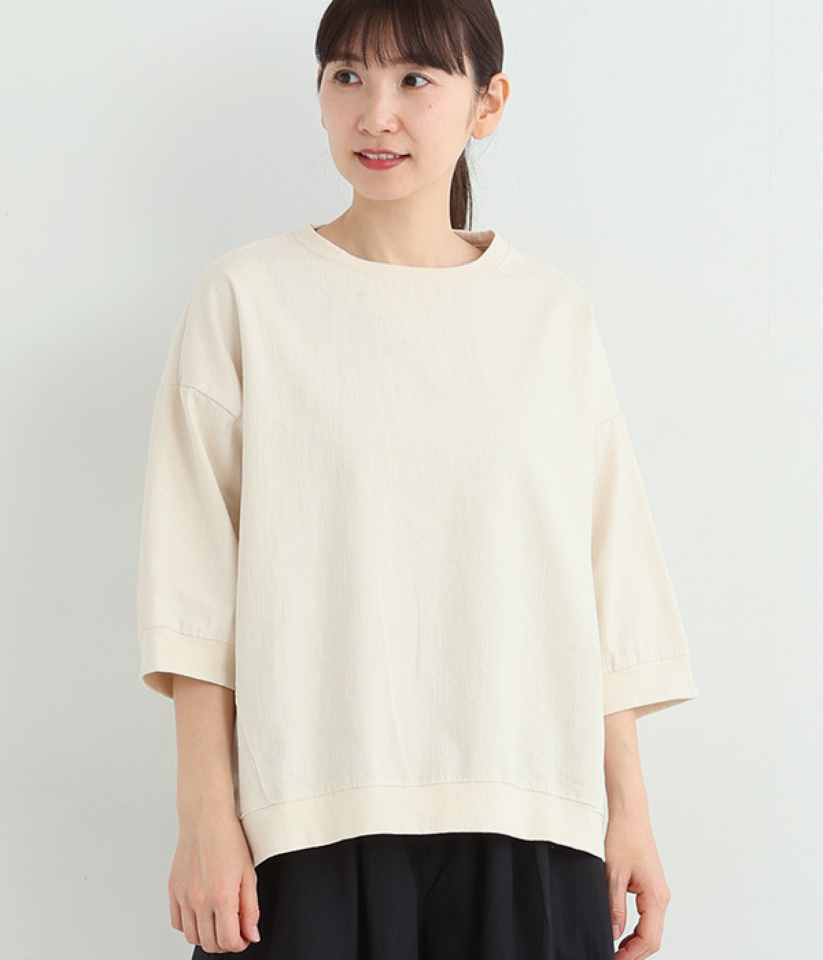 コットンデニム×カットソーワイド7分袖プルオーバー(アイボリー-ONESIZE)