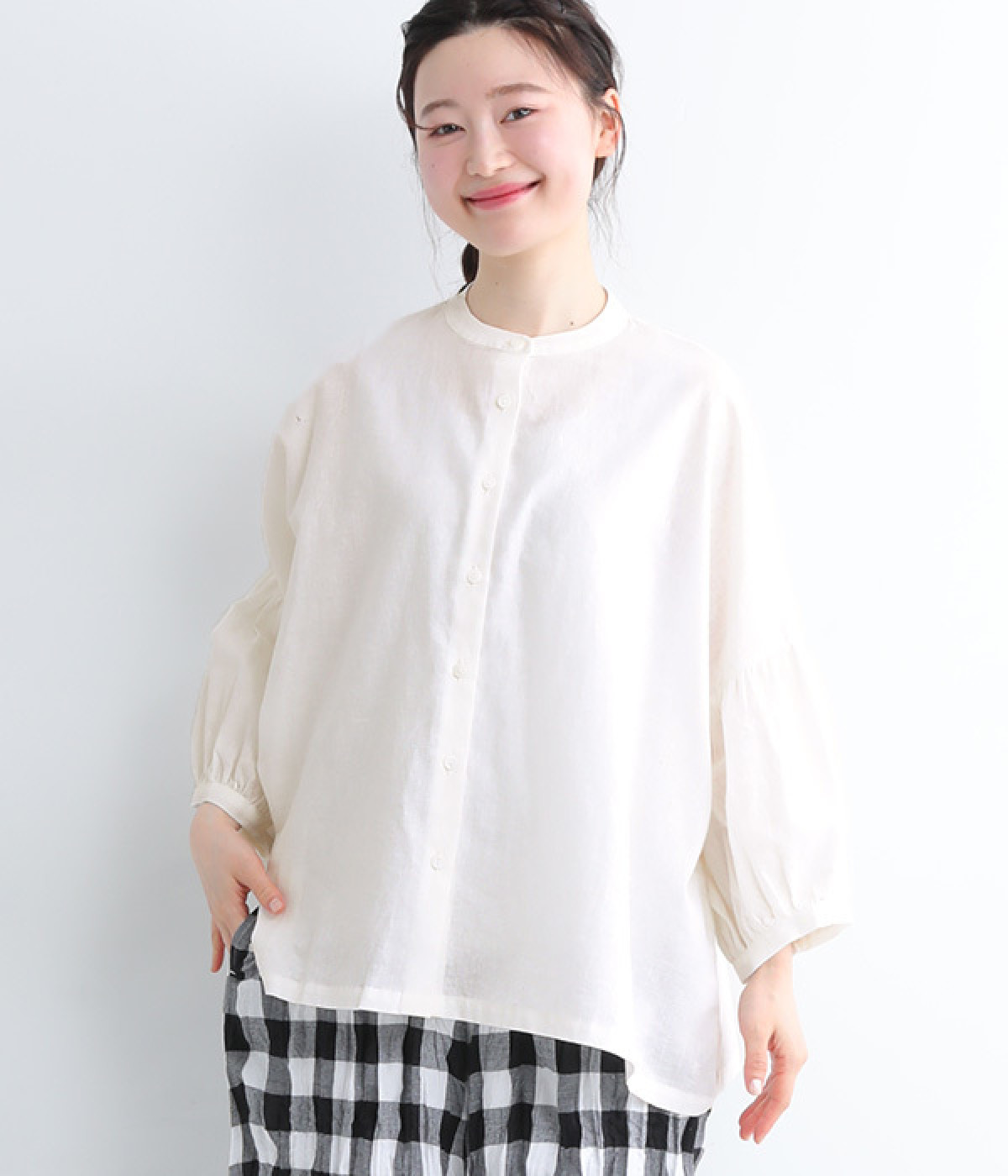 コットンリネンワイドギャザースリーブ7分袖ブラウス(オフホワイト-ONESIZE)
