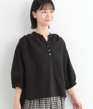 コットンリネンスキッパーヘンリーネック7分袖ブラウス(ブラック-ONESIZE)