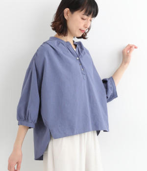 コットンリネンスキッパーヘンリーネック7分袖ブラウス(ブルー-ONESIZE)