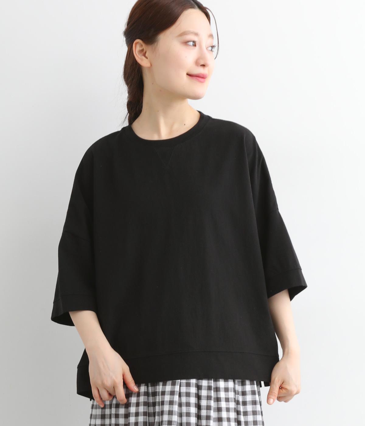 コットンOE天竺 ガゼット付ワイド5分袖Tシャツ(ブラック-ONESIZE)