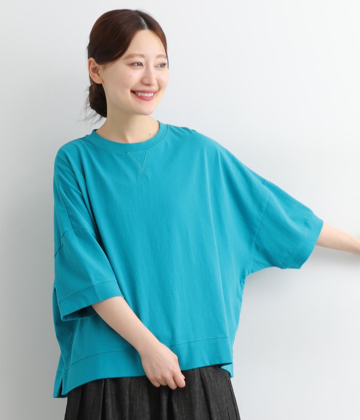 コットンOE天竺 ガゼット付ワイド5分袖Tシャツ(ブルー-ONESIZE)