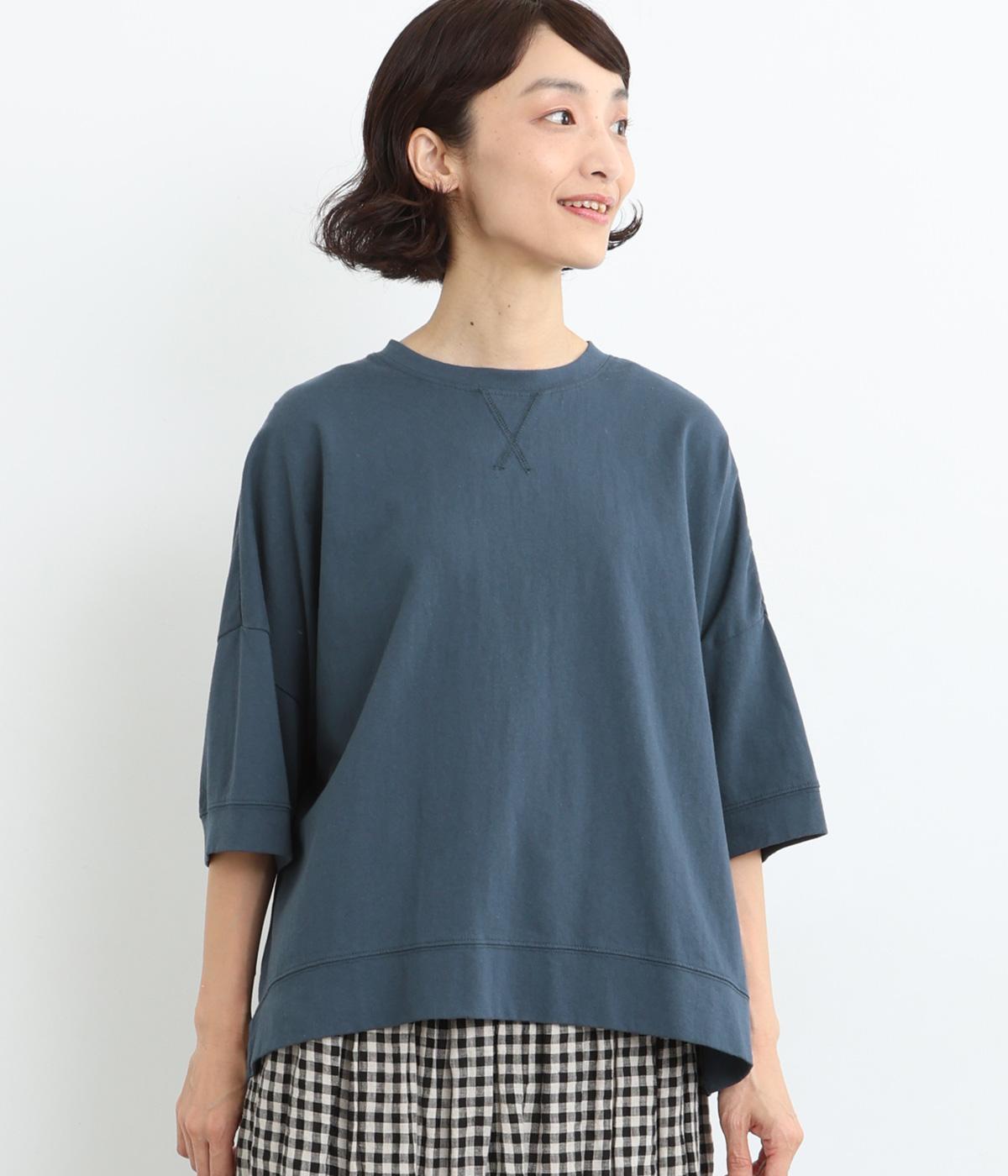 コットンOE天竺 ガゼット付ワイド5分袖Tシャツ(ネイビー-ONESIZE)