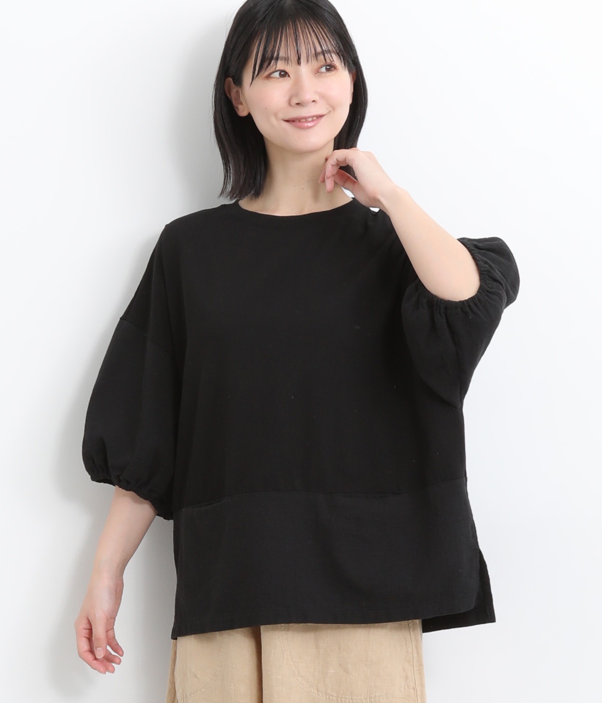 ナチュラルキャンバスｘ天竺切り替えポケットワイドギャザー5分袖Tシャツ(ブラック-ONESIZE)
