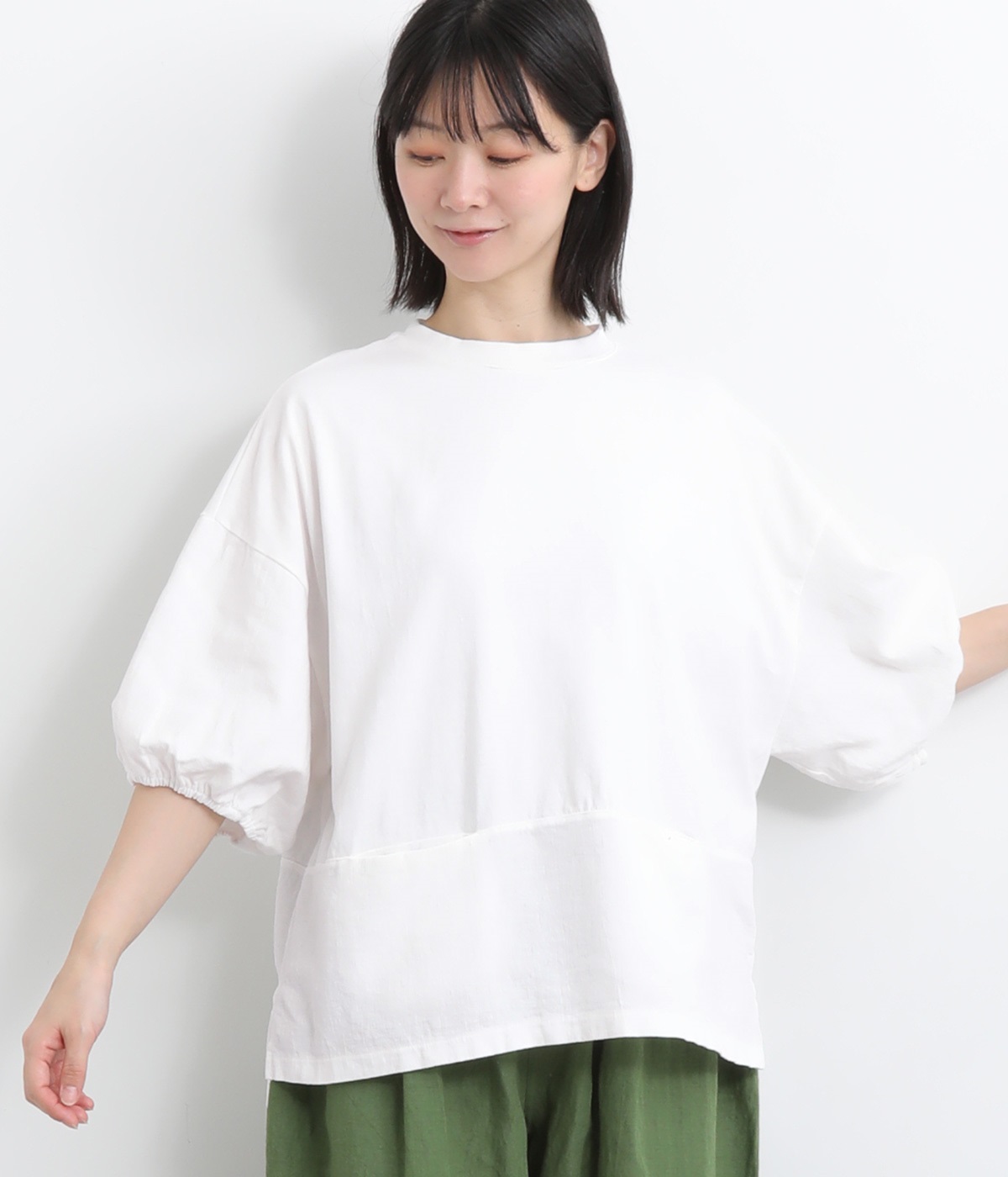 ナチュラルキャンバスｘ天竺切り替えポケットワイドギャザー5分袖Tシャツ(オフホワイト-ONESIZE)