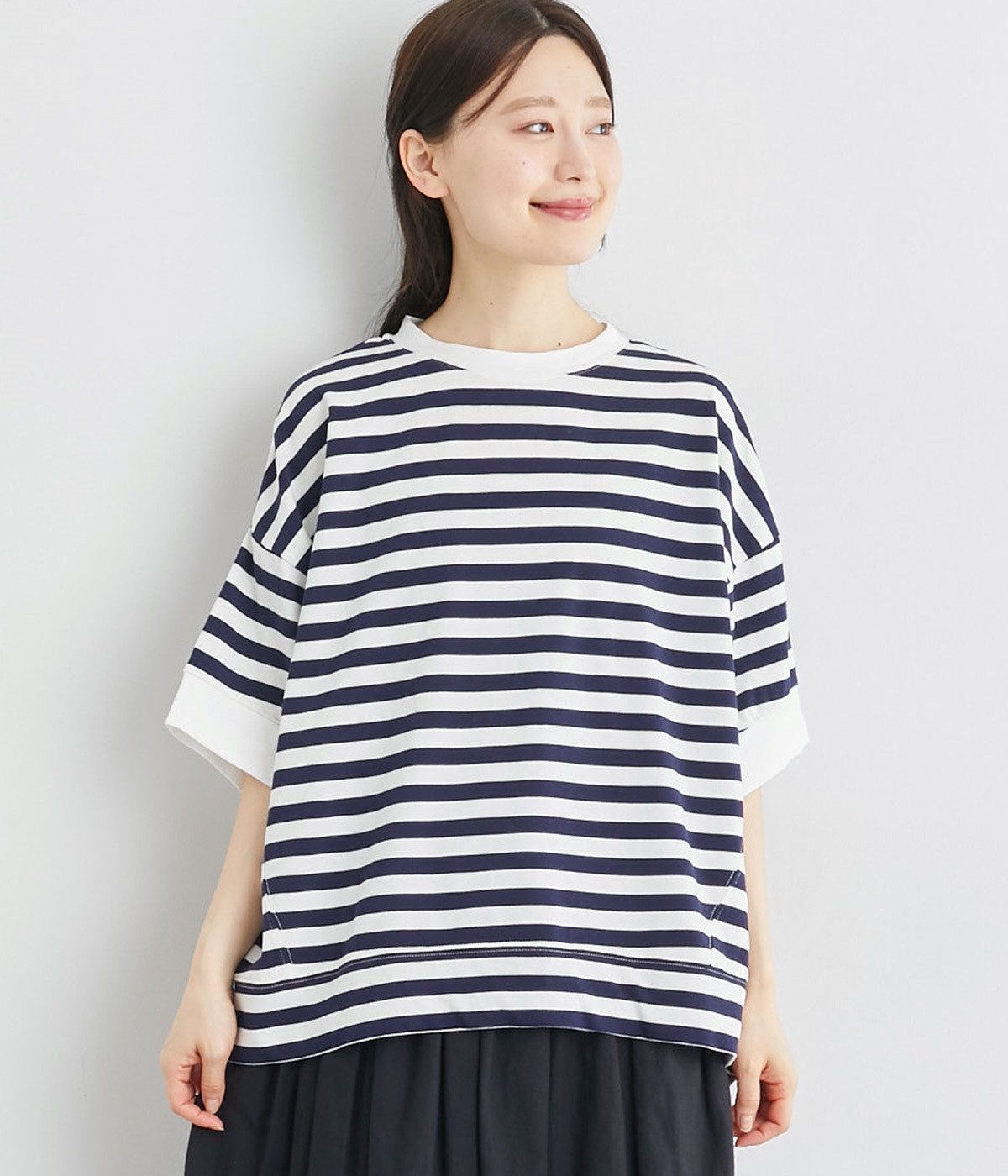 コットン天竺ボーダーワイド5分袖Tシャツ(ネイビー-ONESIZE)