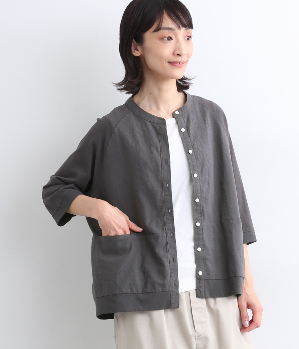 コットンリネン布帛×天竺縦ポケット7分袖ラグランカーディガン(チャコール-ONESIZE)