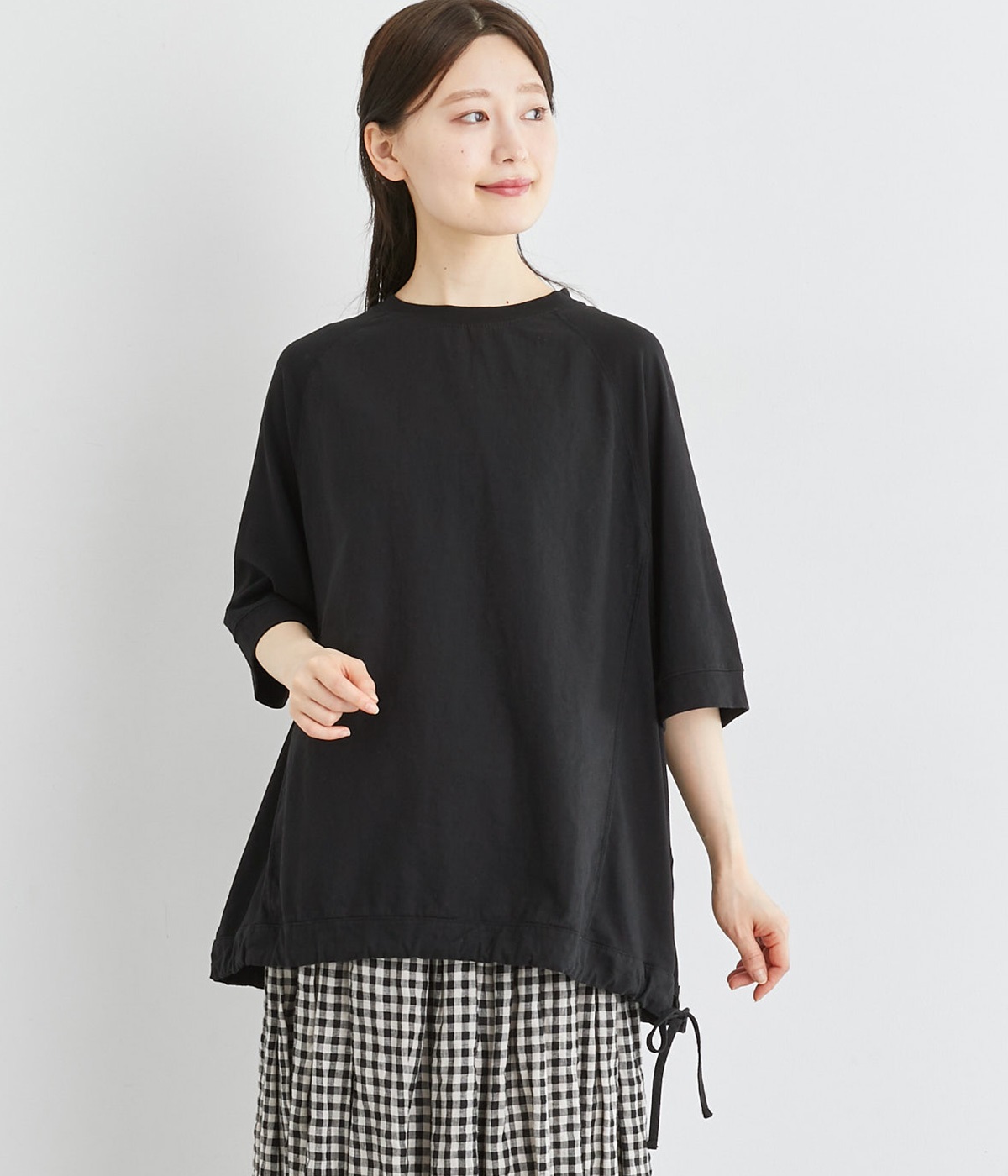 コットンリネン布帛×天竺ラグラン裾ひも5分袖Tシャツ(ブラック-ONESIZE)