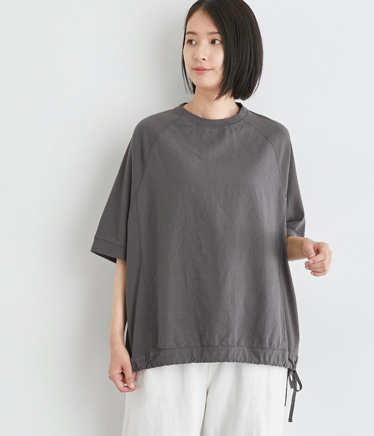 コットンリネン布帛×天竺ラグラン裾ひも5分袖Tシャツ(チャコール-ONESIZE)