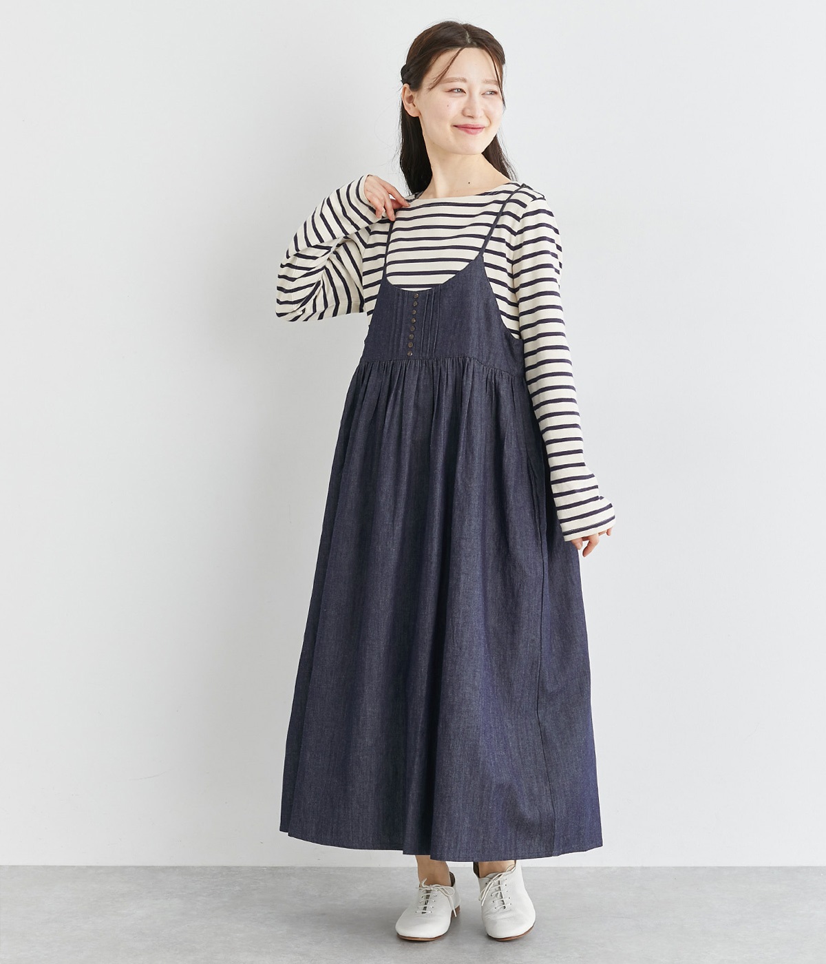 5.5ozコットンリネンデニムボタンいっぱいキャミワンピース(ネイビー-ONESIZE)