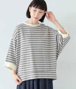 天竺先染めボーダーワイドTシャツ(ライトグレー×オフホワイト-F)