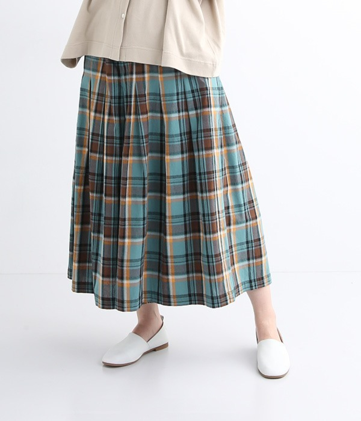 コットンオックスチェックタックパンツ(ターコイズ-L)