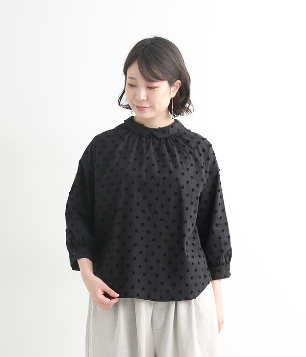 コットンカットドビー2WAYドットブラウス(ブラック-L)