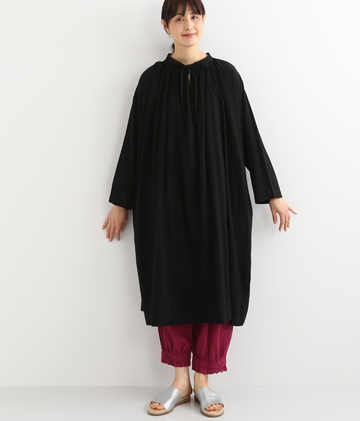 コットンワッシャーローンワンピース(ブラック-ONESIZE)