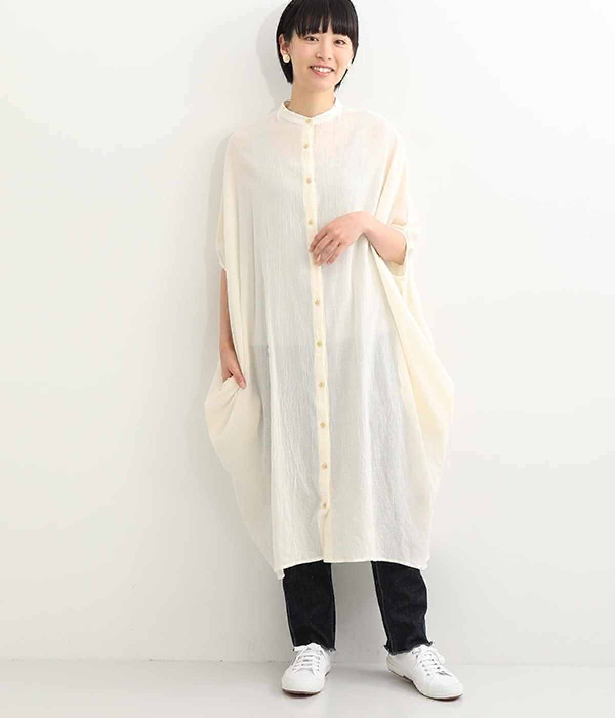 コットンワッシャー ドルマンワンピース(アイボリー-L)
