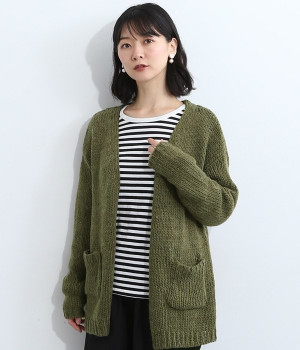 スラブヤーンポケット付きニットカーディガン(カーキ-L)