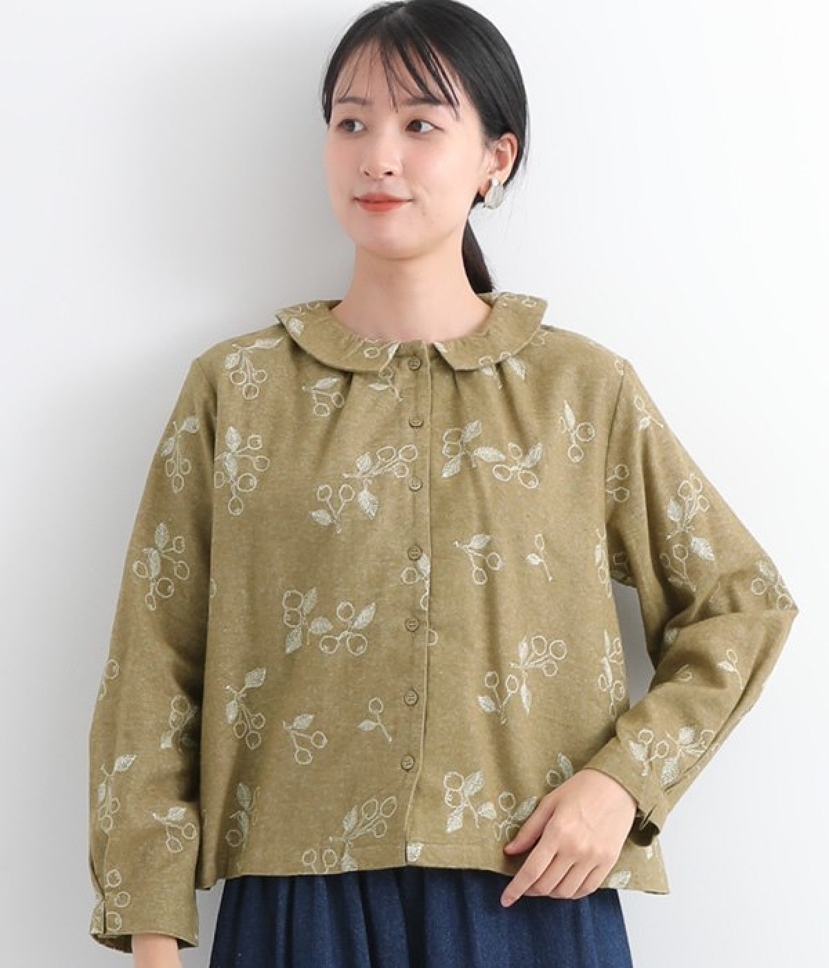 総柄ソフトビエラ刺繍ブラウス(マスタード-ONESIZE)