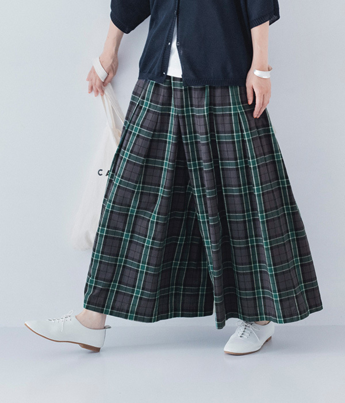コットンオックスチェックタックパンツ(グリーン-L)