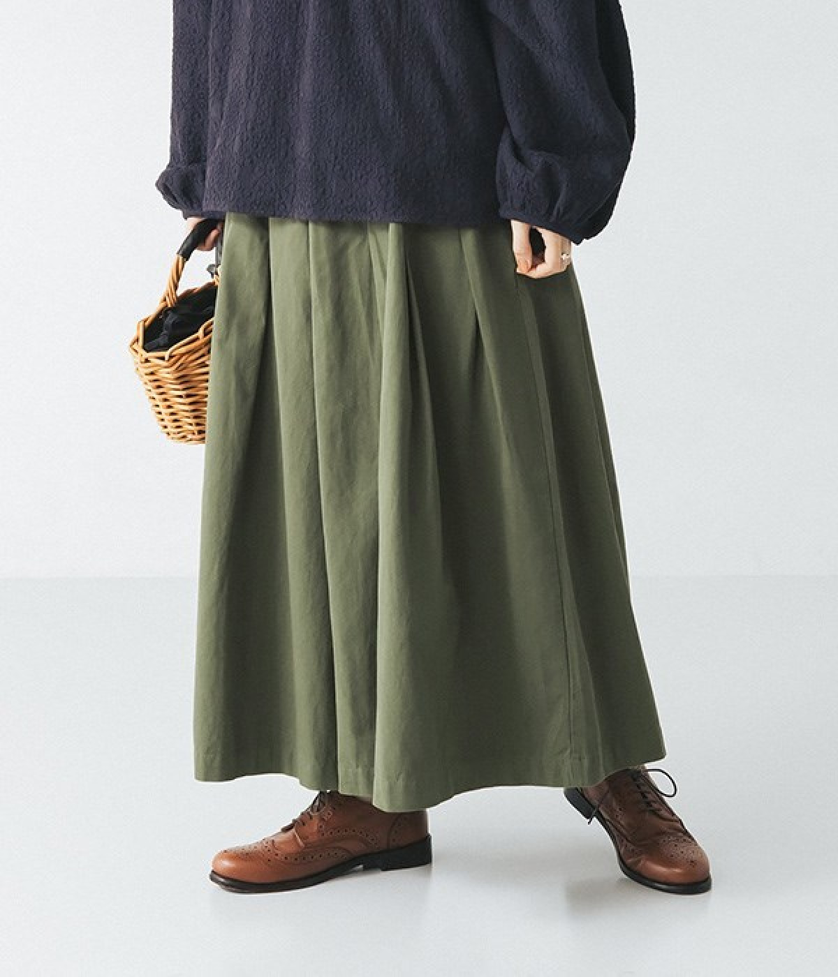 コットンツイルワイドタックパンツ(カーキ-L)