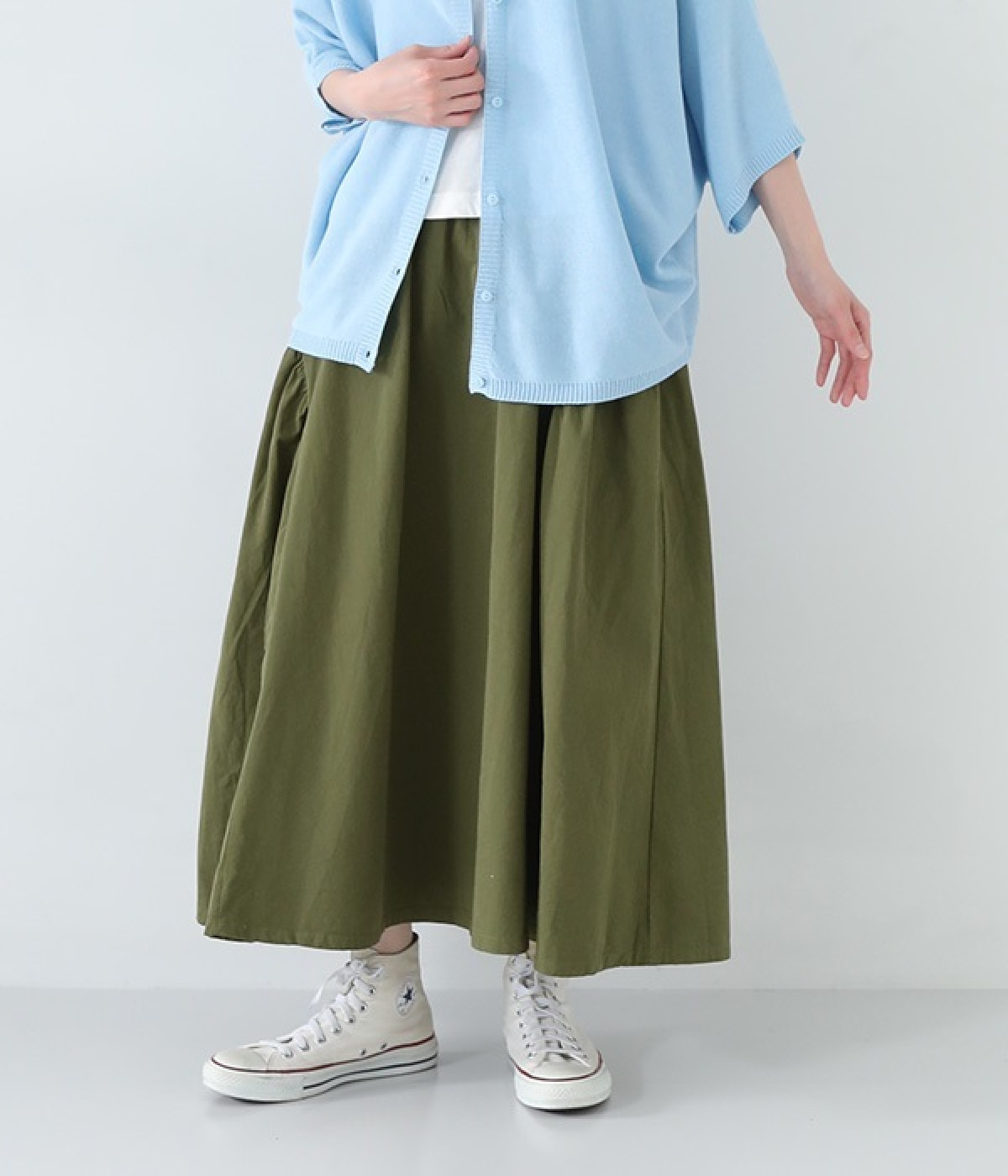 コットンツイルギャザースカート(カーキ-L)