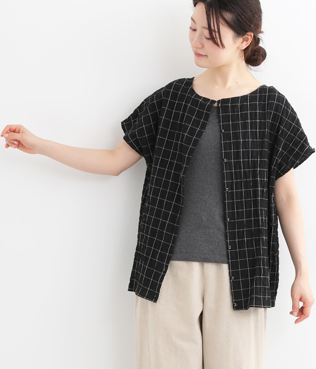 コットンガーゼ2WAYウインドウペンタックブラウス(ブラック-ONESIZE)