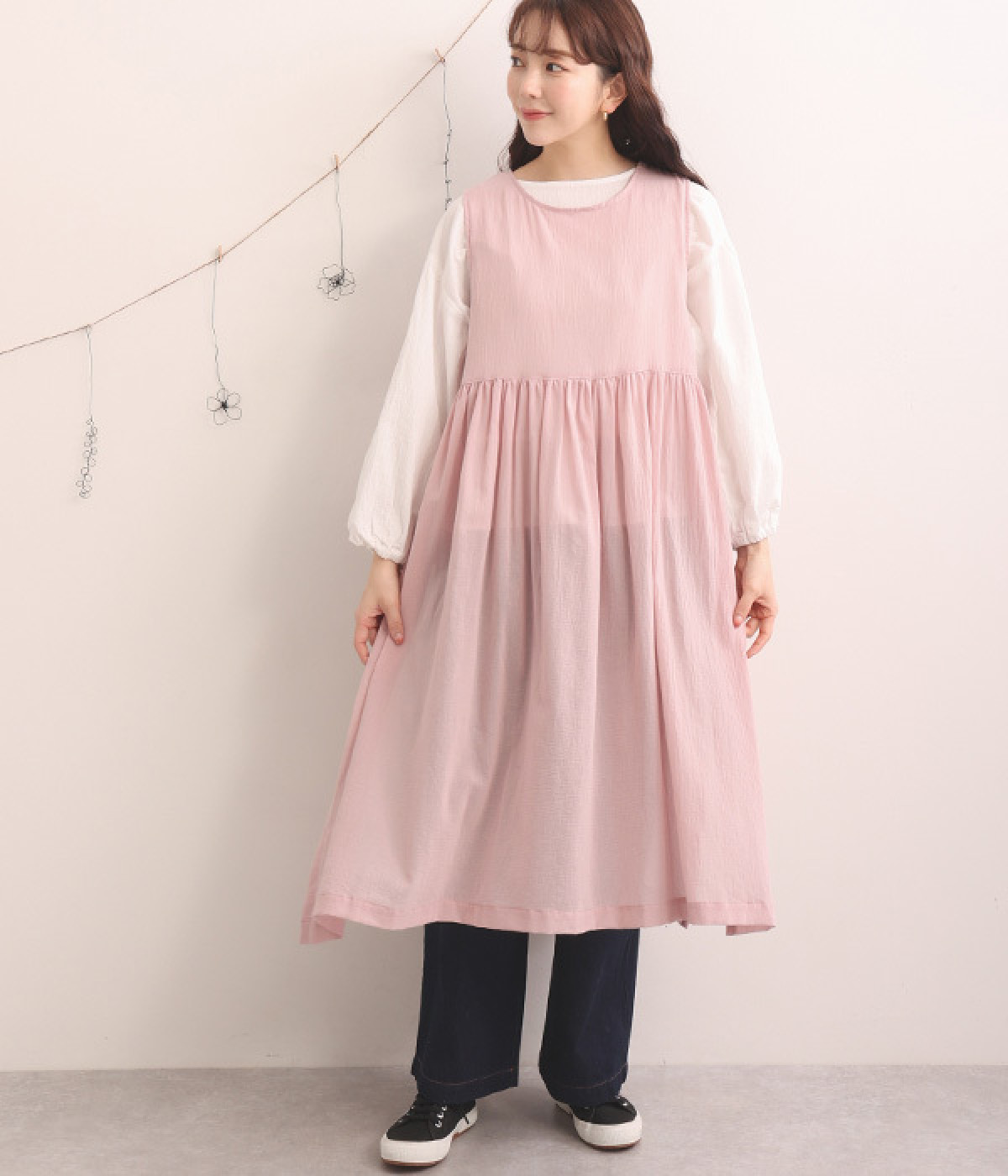コットンワッシャーサイドリボンワンピース(ピンク-L)