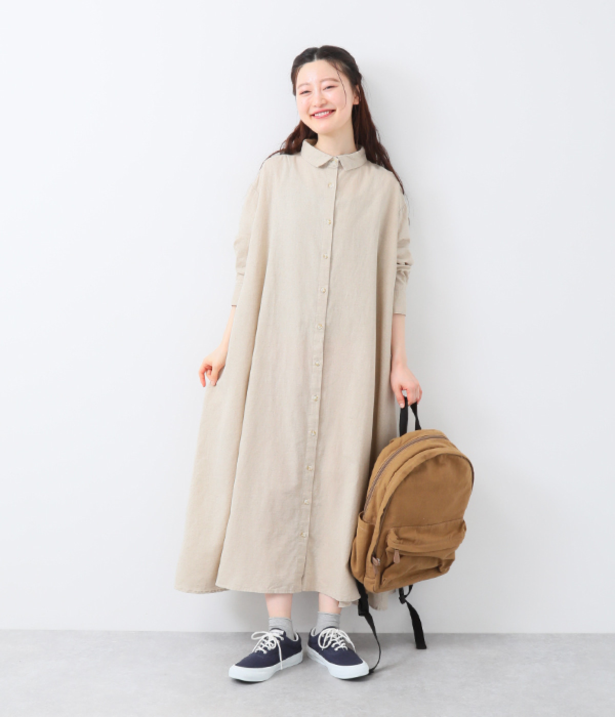 コットンリネンオックス前開きシャツワンピース(キナリ-LL)