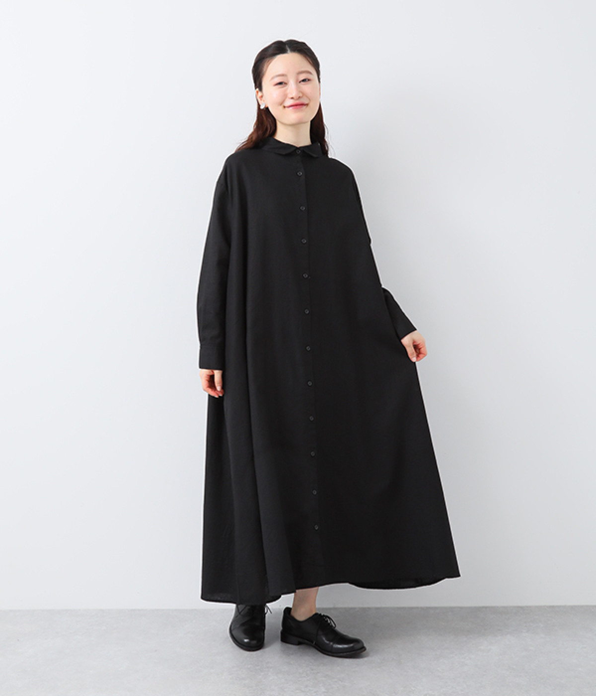 コットンリネンオックス前開きシャツワンピース(ブラック-M)