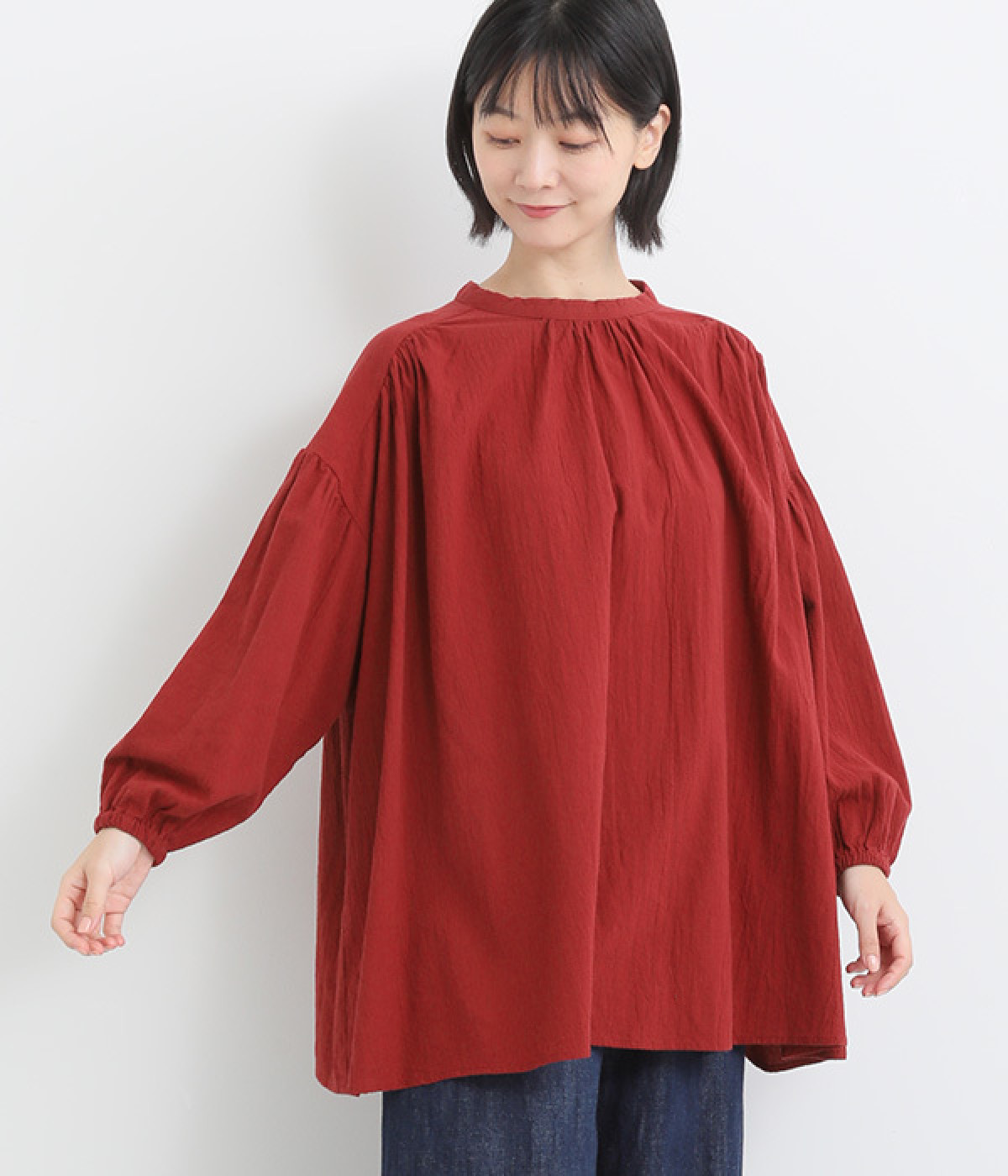 コットンオックス スモック丸首ギャザーブラウス(レッド-L)